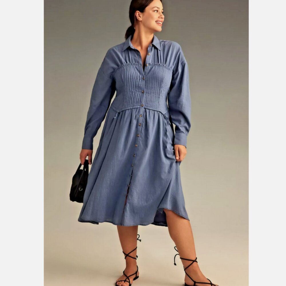 Anthropologie Pilcro Corset Midi Shirt Dress Shirtdress Blue 1X NWT Plus Size